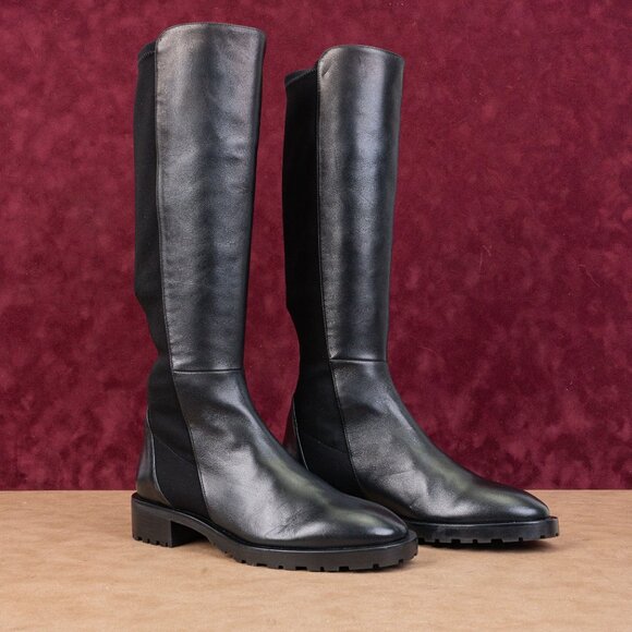 Stuart Weitzman Women 5050 Knee High Lug Black Leather Stretch Knee Boots sz 6.5 - Picture 1 of 10
